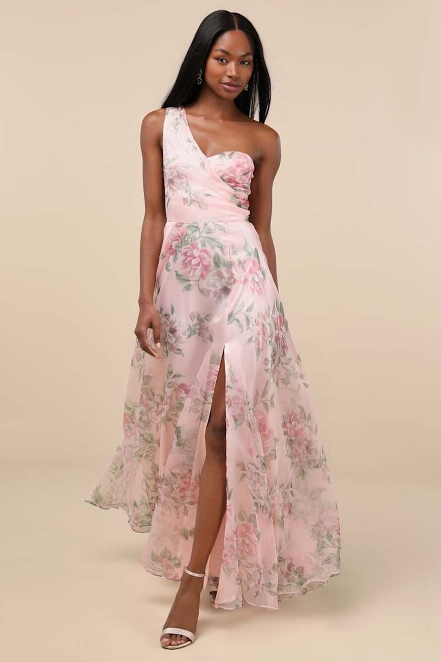NWT Lulus Truly Extraordinary Pink Floral Organza One-Shoulder Maxi Dress Size M
